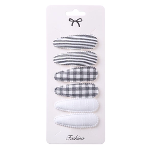 Detailed set of 6 fabric-covered droplet hair clips featuring stripes and plaid patterns