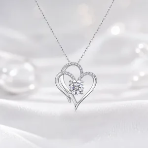 Heart Pendant Necklace 925 Sterling Silver Moissanite Interlocking Double Heart Clavicle Chain Jewelry For Women