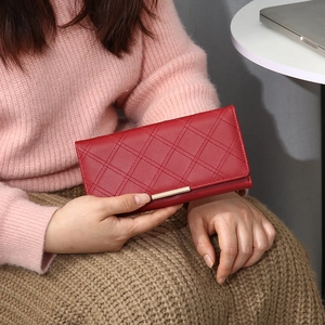 Cartera Larga Mujer Cuero PU Acolchado Bordado Rombos Gran Capacidad Monedero Plegable Embrague Decoración Barra Metálica