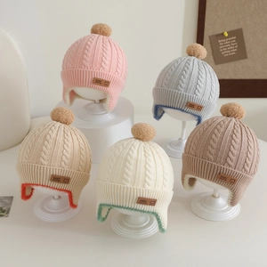 Baby Toddler Knitted Earflap Hat Cable Knit Fleece Lined Winter Warm Pompom Beanie For Infants