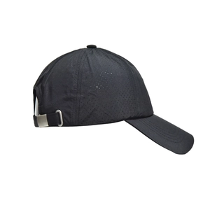 Detail view of breathable laser-cut holes and metal buckle on black quick-dry baseball cap