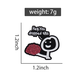 Detailed dimension view of funny brain enamel pin with size and weight specs