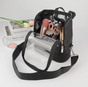 Detail of professional makeup bag with transparent window showing organized brushes