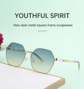 Detail of square gold metal sunglasses with blue-yellow gradient lenses and white accents