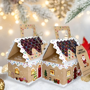 Gingerbread house Christmas candy gift boxes in kraft paper with colorful patterns