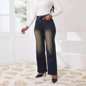 Jean droit taille haute pour femme en denim bleu foncé avec délavage jaune usé