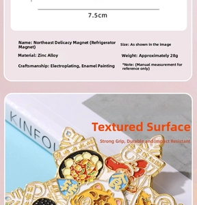 Macro view of zinc alloy rotating fridge magnet showing Northeast Chinese food details