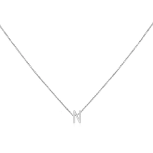 Detailed close-up of polished silver uppercase letter N pendant on a delicate cable chain