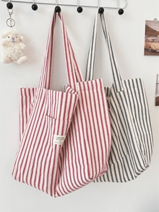 French Striped Canvas Tote Bag Large Capacity Casual Shoulder Shopping Handbag For Women Zakka Style
