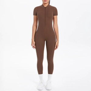 Short sleeve brown unitard with front zipper and hollow back for yoga fitness