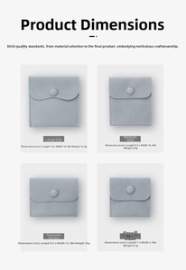 Size chart for velvet jewelry pouches showing small to large dimensions and snap button details