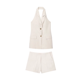 Gilet Halter In Cotone E Lino E Pantaloncini A Vita Alta Da Donna Completo Estivo Elegante Casual Tinta Unita