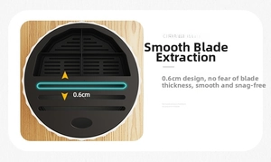 Detail of 0.6cm wide slot in black rotating kitchen knife holder for thick blades