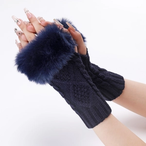 Detail of navy knit fingerless gloves with luxurious faux fur cuffs and diamond patterns