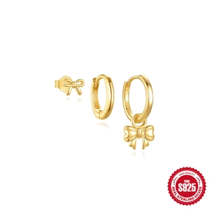 S925 sterling silver gold bow and hoop earring set with high polished finish on white base