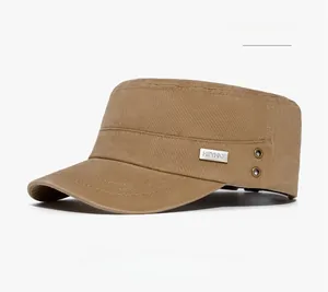 Detail view of khaki cotton army cap featuring metal eyelets and a HEYHAT metal badge
