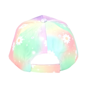 Detail of kids rainbow tie-dye baseball cap featuring white daisy prints and adjustable velcro