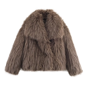Elegante giacca di pelliccia sintetica marrone con collo a revers da donna invernale