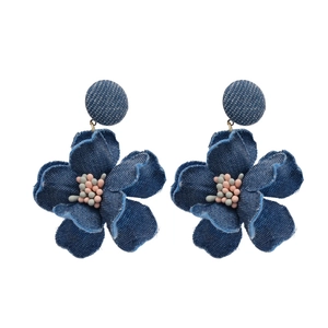 Blue denim flower earrings with colorful pearl center and vintage frayed edge design