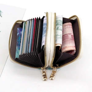 Off-white fabric card holder with large capacity double zipper and accordion slots