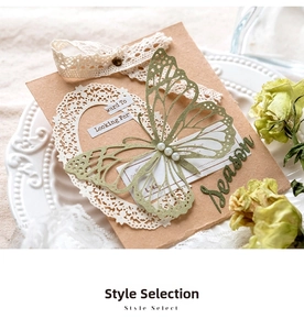 Macro shot of laser-cut green paper butterfly with pearl accents and vintage lace paper