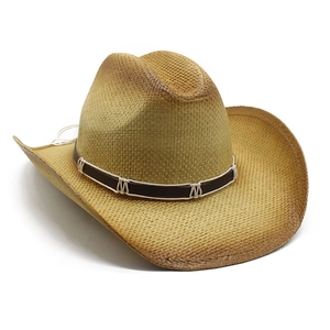 Western style gradient straw sun hat with decorative leather band and upturned brim