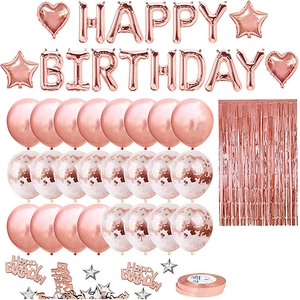 Set decorazione compleanno oro rosa con palloncini, tenda foil e coriandoli