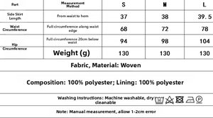 Size chart and fabric details for the sleeveless top and skirt two-piece fashion set