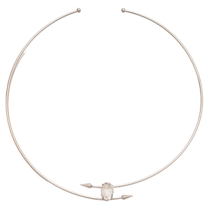 Elegant silver collar necklace featuring an oval crystal center and minimalist arrow accents