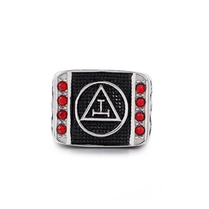 Men's stainless steel Freemason ring with Triple Tau symbol and red rhinestones