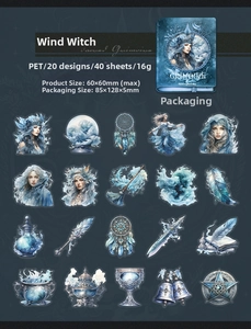 Detailed set of 40 fantasy witch stickers including crystal balls and magic wands