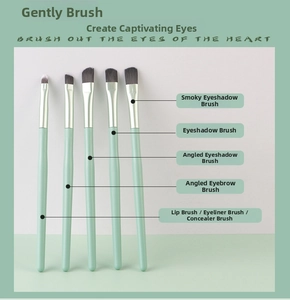 Detailed view of five mint green eye and lip makeup brushes with professional soft bristles