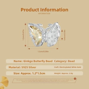 Detailed view of S925 sterling silver ginkgo butterfly bead with champagne yellow gems