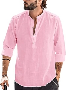 Detail of light pink men's casual shirt with mandarin collar and cotton linen texture
