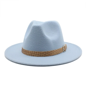 Top view of a light blue wide brim wool felt fedora with a brown braided band and silver buckle