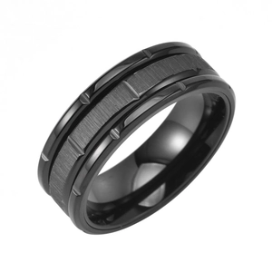 Bague 3-en-1 en acier inoxydable noir pour homme avec finition brossée et bords rainurés