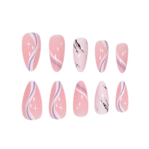 Faux ongles amande rose et violet avec texture marbrée et lignes ondulées, lot de 10