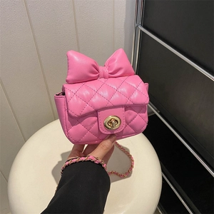 Women's Mini Crossbody Bag Quilted PU Leather Large Bow Turn-Lock Chain Strap Trendy Sweet Style