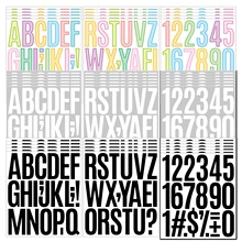 Detail of 4-inch letter and number stickers in black, white, and macaron colors