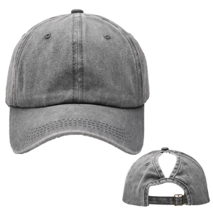 Close-up of dark gray washed cotton baseball cap with ponytail hole and metal buckle