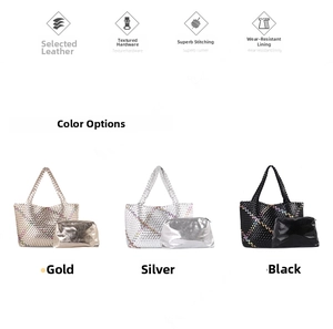 Detail of woven leather tote bags in gold, silver, and black with matching inner pouches