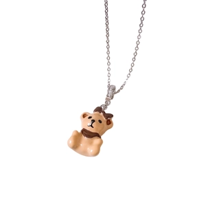 Zircon-studded bear pendant adjustable necklace with brown enamel finish and silver chain