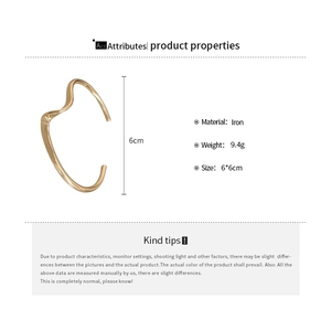 Detailed specs of wave gold open cuff bangle made of iron weighing 9.4g and 6cm size