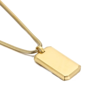 Polished gold stainless steel rectangular dog tag pendant necklace with sleek snake chain