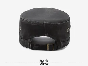 Detail view of the vintage washed denim military cap with an adjustable brass buckle