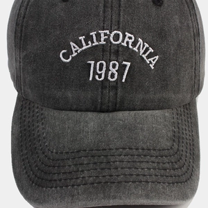 Retro charcoal baseball cap with white California 1987 embroidery and sun shade brim