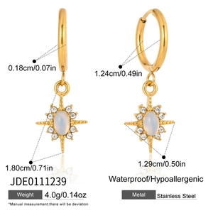 Technical drawing showing gold stainless steel opal star earrings with size dimensions
