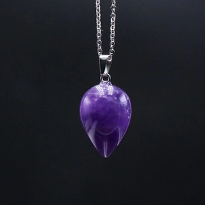 Natural purple amethyst teardrop pendant necklace with a polished silver metal chain