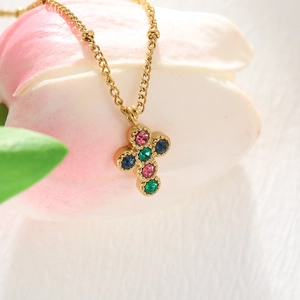 Stainless Steel Cross Pendant Necklace With Colorful Zircons Gold Plated Religious Vintage Jewelry For Women