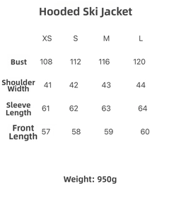 Detailed size chart for hooded jacket and flared pants set with measurements in cm